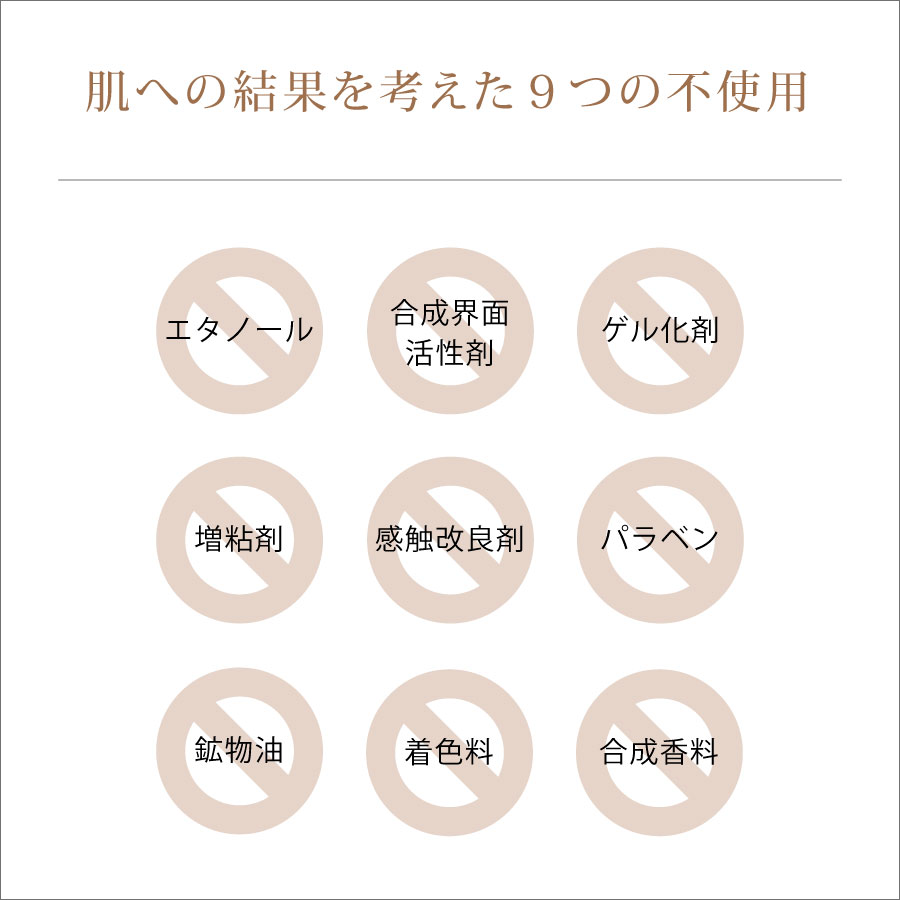 ヘヴンシャワーの9つの不使用（エタノール・合成界面活性剤・ゲル化剤・増粘剤・感触改良剤・パラベン・鉱物油・着色料・合成香料 の9つの無添加